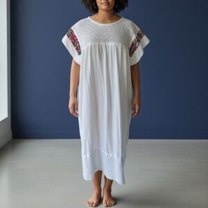 Vtg Embroidered San Antonino Deshilado Mexican Dress XL Artisan Huipil Caftan